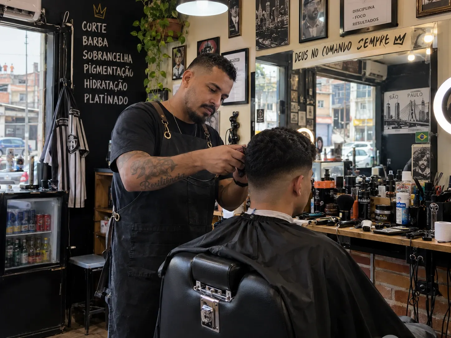 Barbeiro cortando o cabelo de um cliente na sua barbearia, com a lista de serviços escrita na parede