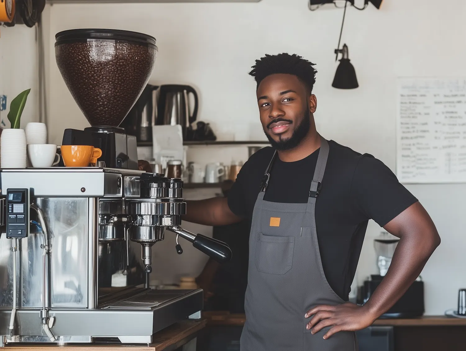 Barista de avental ao lado da máquina de café do seu negócio