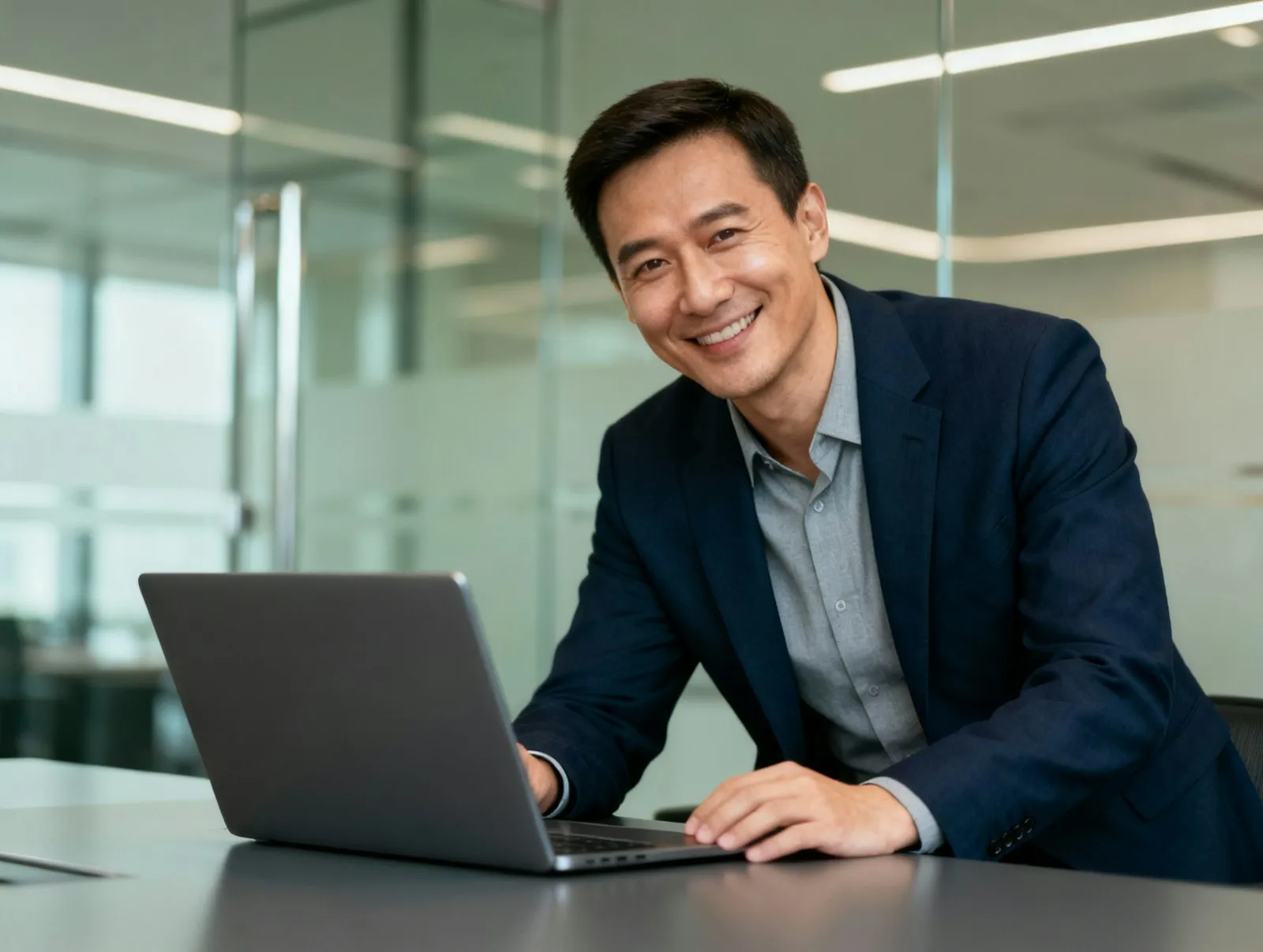 Contador sorrindo enquanto atende um cliente pelo notebook, num escritório claro