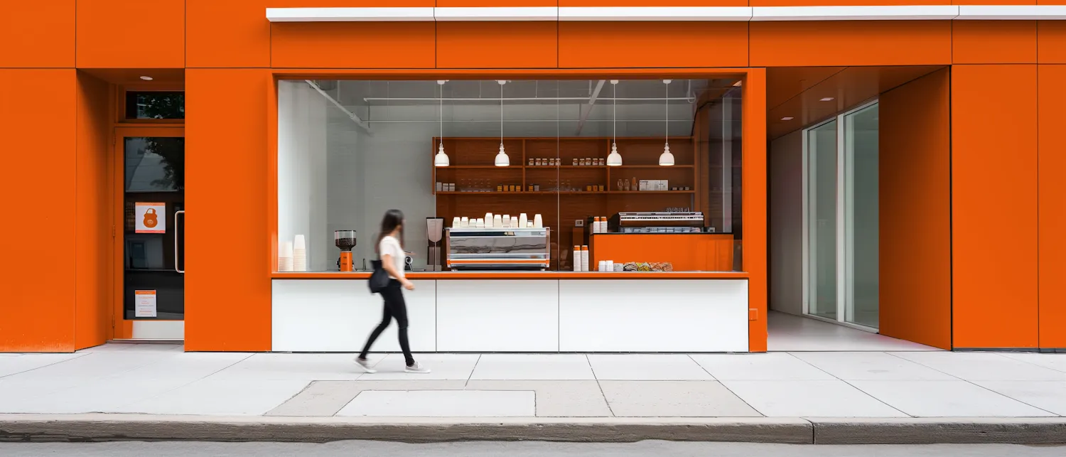 Fachada laranja de uma pequena cafeteria, com uma pessoa passando pela calçada